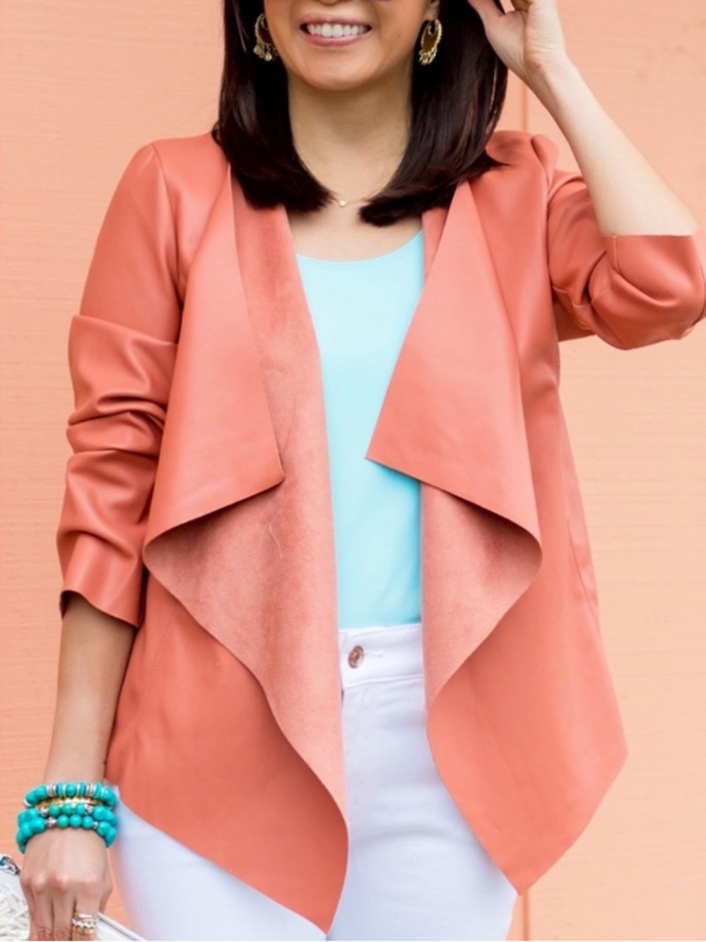 CHICO’s Faux Leather/Suede Drape Front Jacket, Size Small